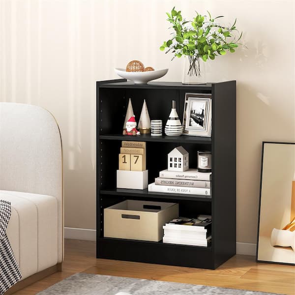 2-Pieces 29.5 in. Tall Black Wood 3-Shelf Open Multipurpose Display Rack Bookcase with Adjustable Shelves
