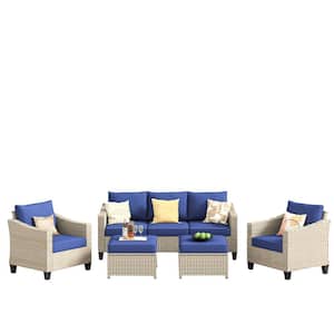 Oconee Beige 5-Piece Beautiful Outdoor Patio Conversation Sofa Seating Set with Navy Blue Cushions