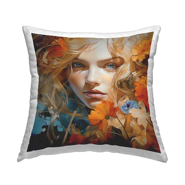 Stupell Industries Girl with Orange Blooms Orange Floral Polyester 18 in. x 18 in. Throw Pillow