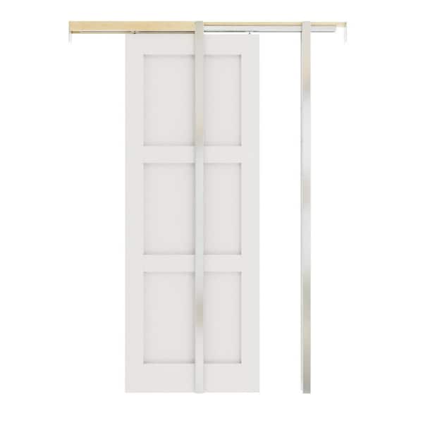ARK DESIGN 30 in. x 80 in. White Primed 3-Panel Wood Sliding Pocket Door with Steel Door Frame and Hardware (Soft Close Included)