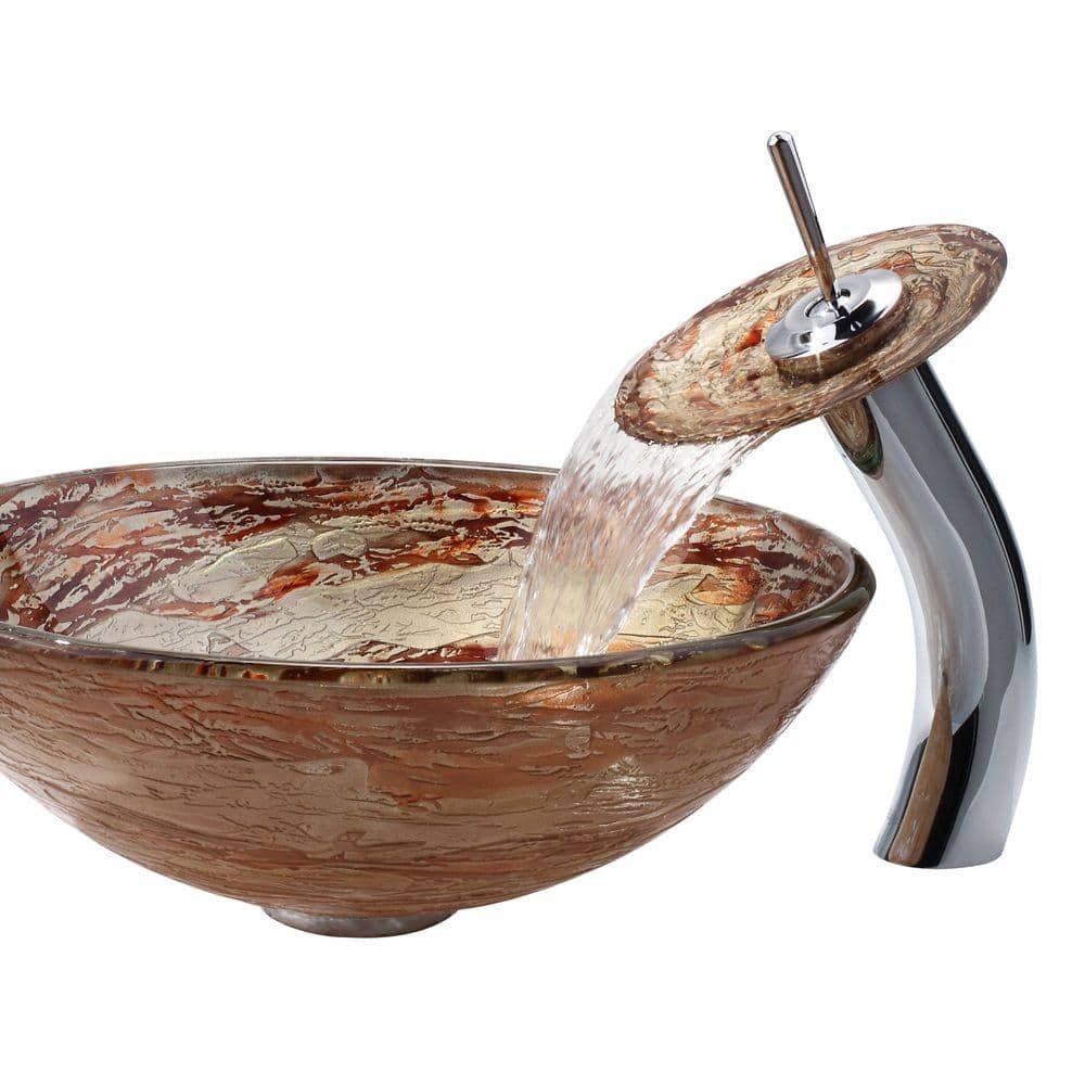 Copper and Gold Glass Round Vessel Sink with Chrome Waterfall Faucet