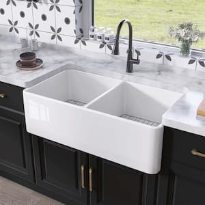 33 in. Large Apron Front Kitchen Sink Double Bowl White Fireclay Farmhouse Sink with Bottom Grids and Strainer Basket
