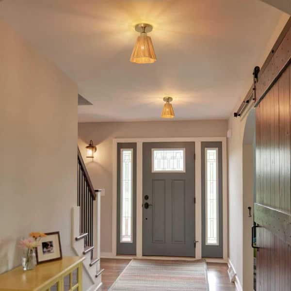 7 in. 1-Light Brass Farmhouse Semi-Flush Mount Ceiling Light with Hand Woven Shade