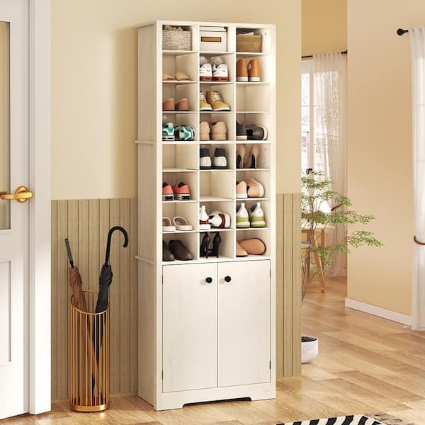 71.9 in. H x 24.4 in. W White Particle Board Shoe Storage Cabinet with 24-Shoe Cubbies and Cabinet