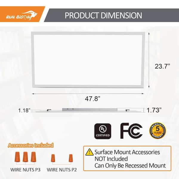 VEVOR LED Panel Light 47.8in. x 23.7in. 6000 Lumens Integrated LED Panel Light Cool White 3500/4000/5000K for Home Office