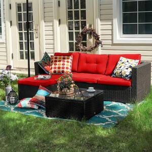 Black Rattan Wicker 3 Seat 3-Piece Steel Outdoor Patio Sectional Set with Red Cushions and Coffee Table