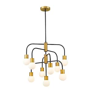 Neutra 9-Light Matte Black Plus Foundry Brass Chandelier with Glass Shade