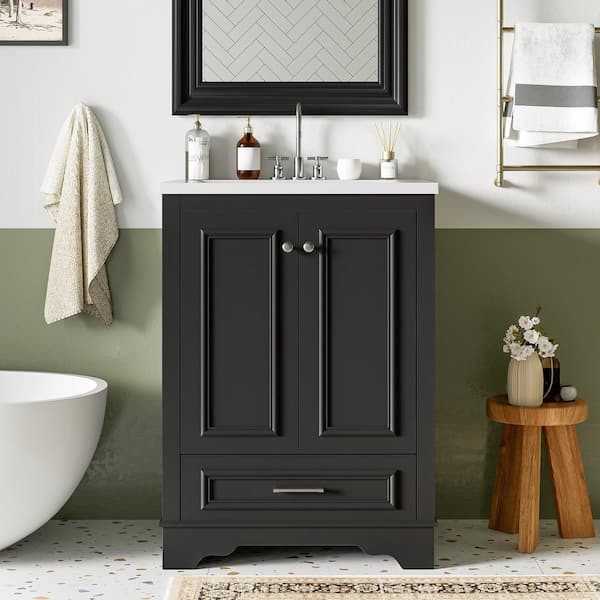24 in. Single Sink Freestanding Black Bath Vanity with White Ceramic Top and One Drawer Storage Door Cabinet Unassembled