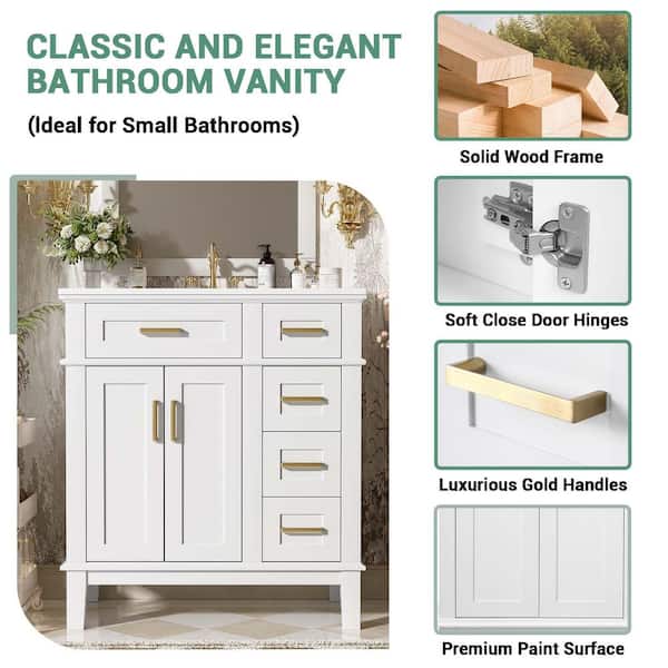 30 in. Single Sink White Bath Vanity with White Ceramic Top Requires Assembly