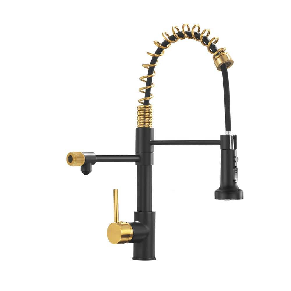 3-Way Single-Handle Pull-Down Sprayer Kitchen Faucet Single Hole Deck Mounted in Matte Black and Gold -  Fapully, FA-1008BG