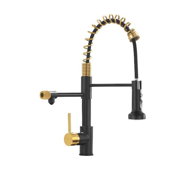 Fapully 3-Way Single-Handle Pull-Down Sprayer Kitchen Faucet Single Hole Deck Mounted in Matte Black and Gold