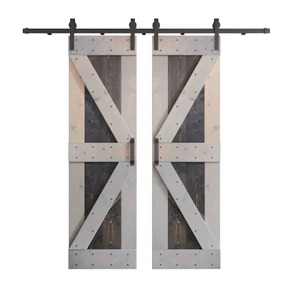 COAST SEQUOIA INC K Series 48 in. x 84 in. Carbon Grey/Light Grey Knotty Pine Wood Double Sliding Barn Door with Hardware Kit