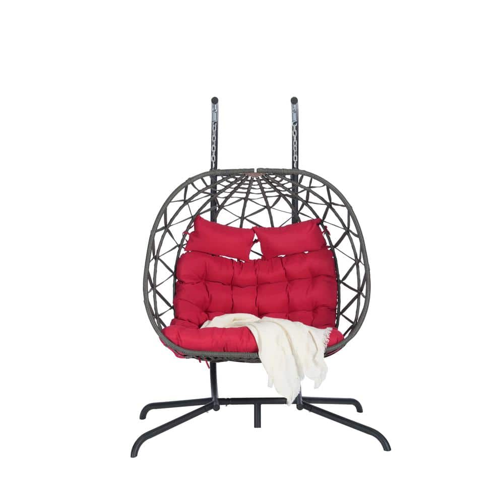 2 Person Dark Gray PE Rattan Wicker Outdoor Hanging Chair With Red Cushions