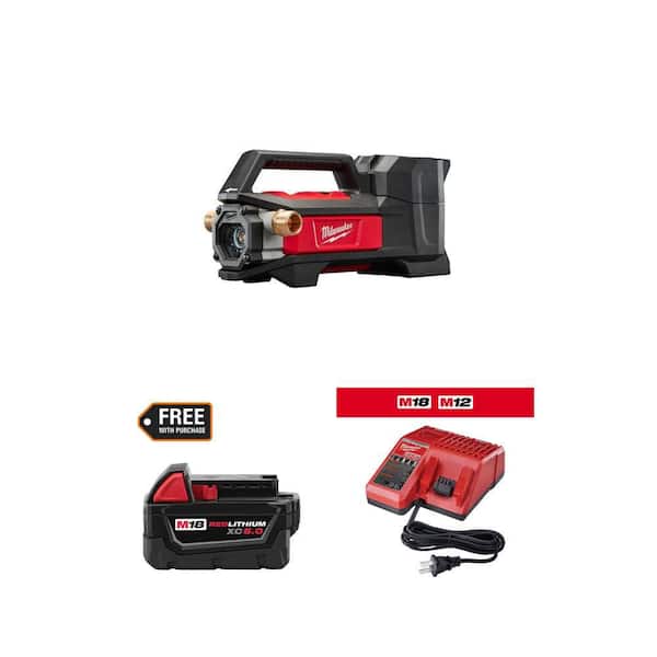 M18 1/4 HP Transfer Pump, 18V 5.0 Ah Battery, and M12/M18 Multi-Voltage Charger Combo