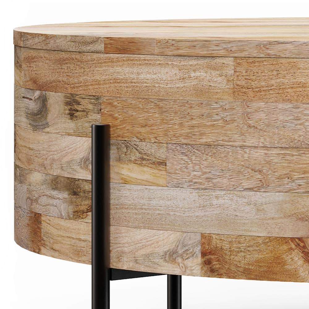 Natural Mango Wood and Black Metal Round Drum Coffee Table