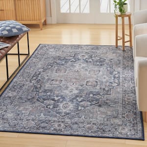 Machine Washable Series 1 Ivory Navy 8 ft. x 10 ft. Distressed Traditional Area Rug
