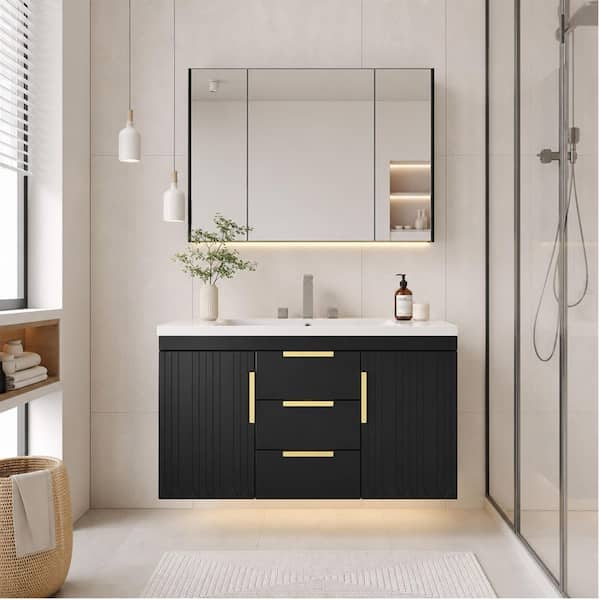 36 in. Single Sink Floating Black Bath Vanity with White Resin Sink Top