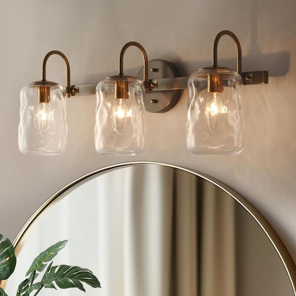 Cellar Modern 24 in. Gunmetal Gray and Brass Vanity Light 3-Light Bathroom Wall Light Mason Jar Textured Glass Shades