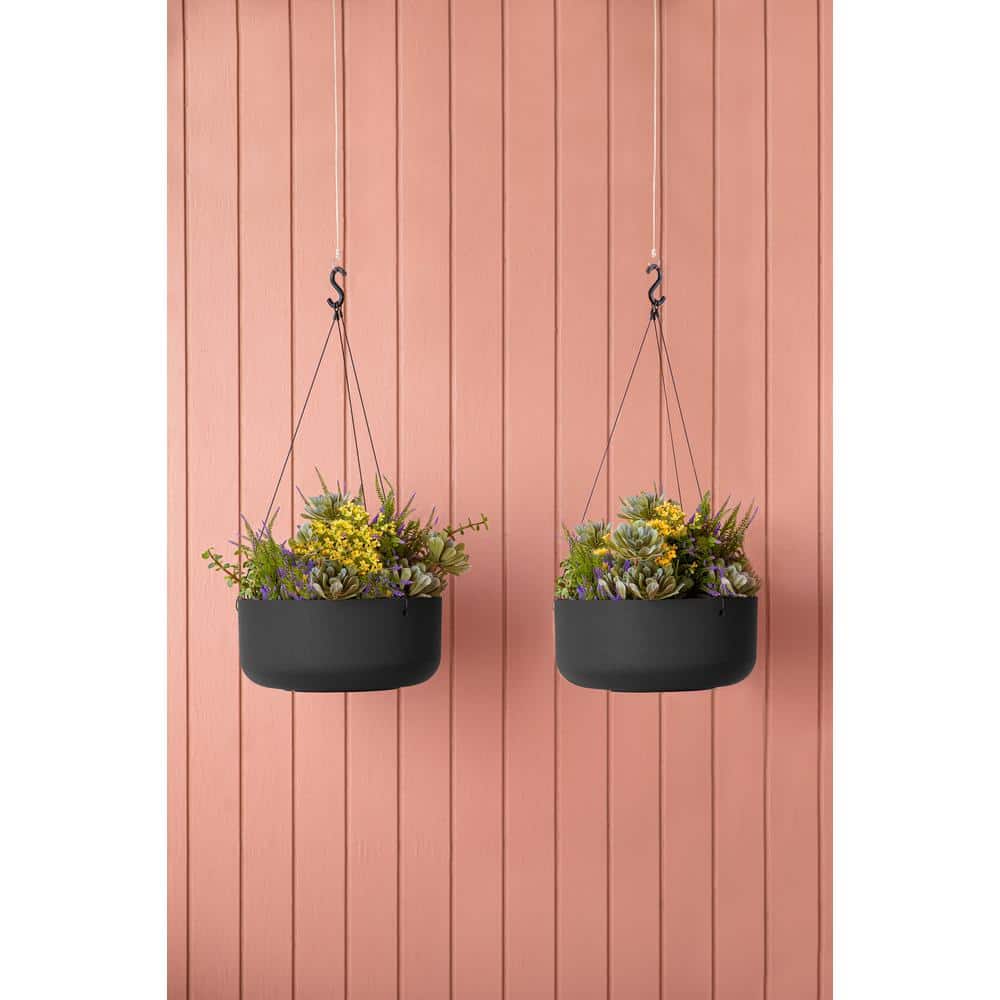 Kona Modern Hanging Bowl Planter 14" in Black Plastic-Stone Composite