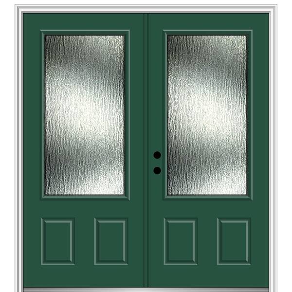 MMI Door 72 in. x 80 in. Right-Hand Inswing Rain Glass Hunter Green Fiberglass Prehung Front Door on 4-9/16 in. Frame