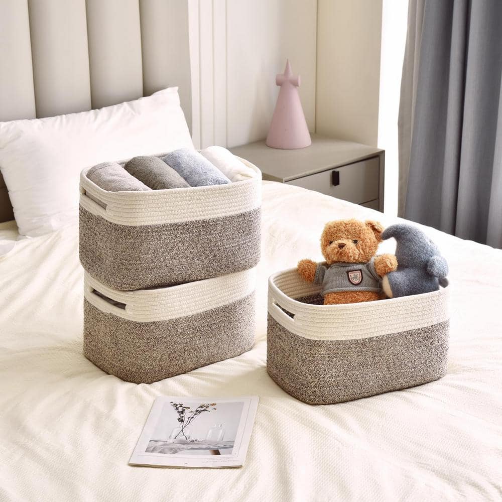 Set of 3 Beige Cotton Rope Storage Baskets