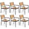 Multiple views of brown and black stackable outdoor chairs.