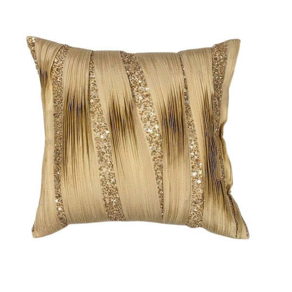 Kas Rugs Metallics Ribbons Gold Floral Hypoallergenic Polyester 18 in. x 18 in. Throw Pillow