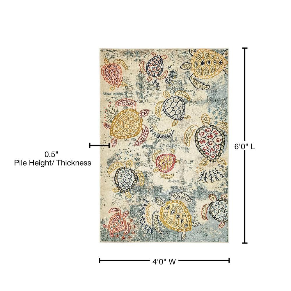 Coastal Sea Turtle Blue and Beige 4' x 6' Rug