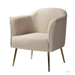 Auder Contemporary Tan Velvet Accent Barrel Chair with Ruched Design and Golden Legs