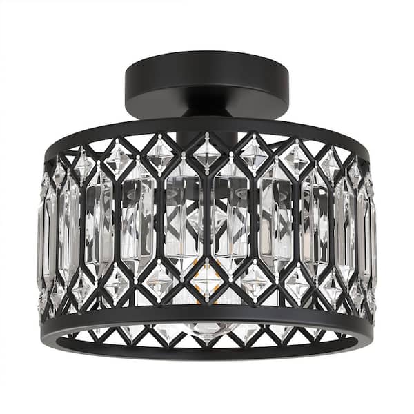9 in. 1-Light Black Crystal Drum Ceiling Light, Round Modern Semi Flush Mount Ceiling Lighting Fixture for Entryways