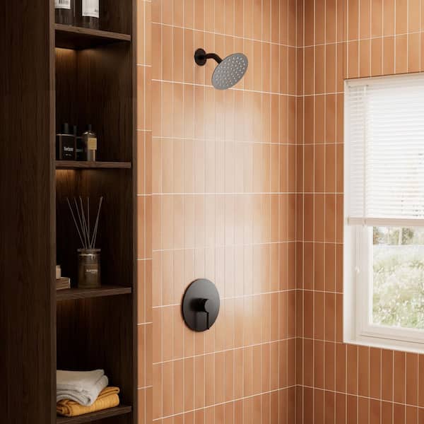 Crozet 1-Spray Patterns with 1.8 GPM 6 in. Wall Mount Rain Fixed Shower Head in Matte Black Round Valve Included
