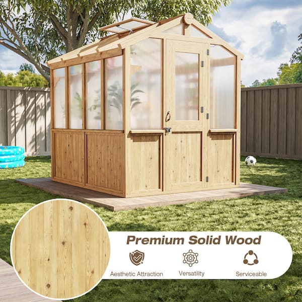 6.8 x 7.8 ft. Wooden Polycarbonate Greenhouse with Ventilated Window, Walk-in Greenhouse for Backyard Garden
