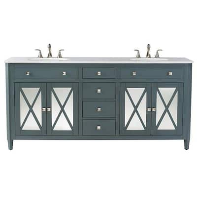 Barcelona 73 in. W x 22 in. D Double Bath Vanity in Teal Blue with China White Marble Top and White Sink