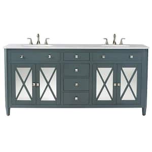 Barcelona 73 in. W x 22 in. D x 35 in. H Double Sink Freestanding Bath Vanity in Teal Blue with White Marble Top