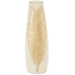 20 in. Cream Polystone Leaf Decorative Vase with Gold Leaf Relief