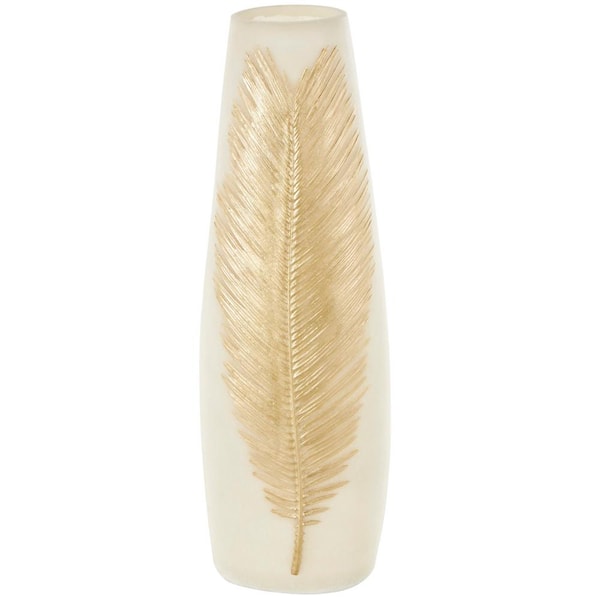 Litton Lane 20 in. Cream Polystone Leaf Decorative Vase with Gold Leaf Relief