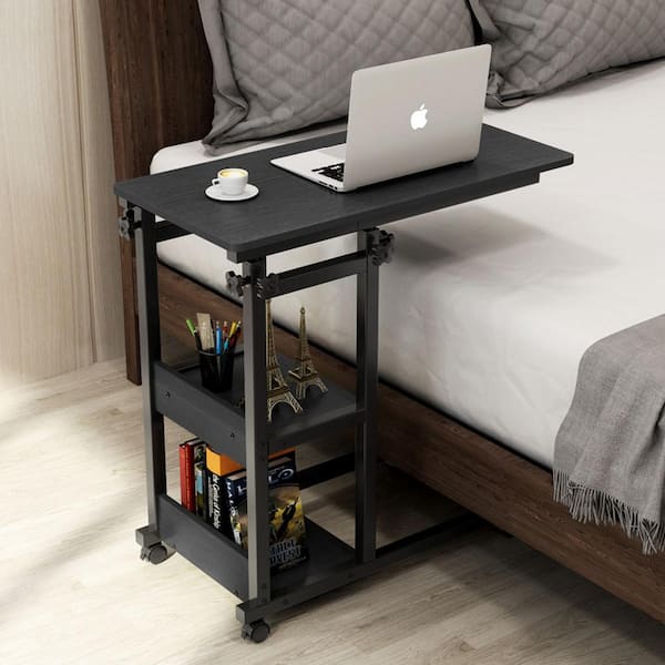 BYBLIGHT Moronia 31.5 in. Black Height Adjustable C End Table, Mobile Laptop Side Table with Rolling Wheels and Storage Shelves