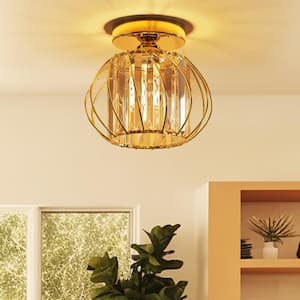 7.09 in. 1-Light Modern Gold Semi Flush Mount Ceiling Light Fixture with Clear Crystal Accents