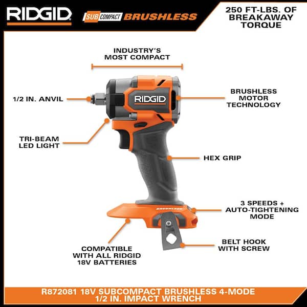 RIDGID 18V SubCompact Brushless 2Tool Combo Kit w/ 3/8 in. Impact Wrench, 1/2 in. Impact Wrench (Tools Only) & Protective Boots