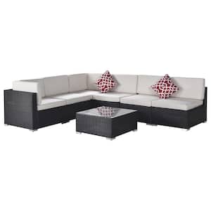 7-Piece PE Rattan Wicke Outdoor Sectional Sofa Sets Armless Sofa and Coffee Table with Beige Cushions