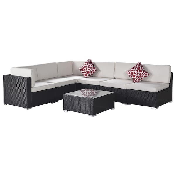 waelph Espresso 7-Piece PE Rattan Wicker Patio Conversation Set Beige Cushion, 2 Pillows and Coffee Table
