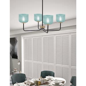 Elonia 30 in. 4 Light Chandelier Light Matte Black, Brass Shaded Chandelier with 6 in. Turquoise Textured Glass Shades