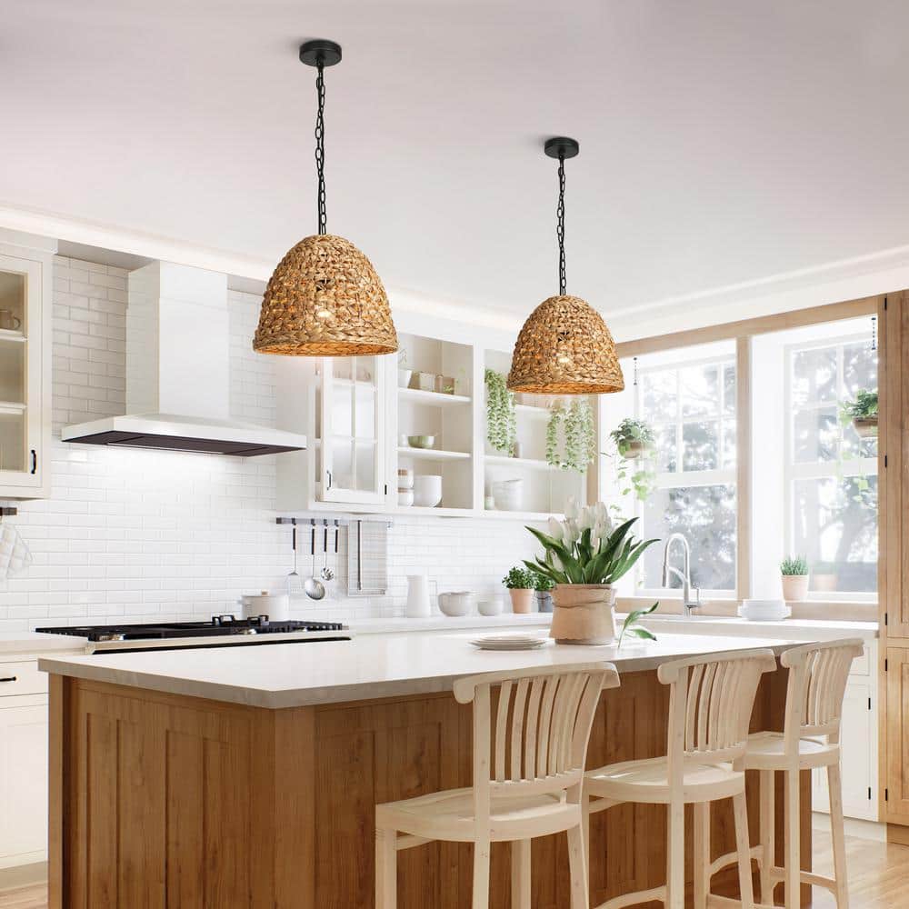 Holophankton 15" Matte Black and Natural Rattan Dome Pendant Light