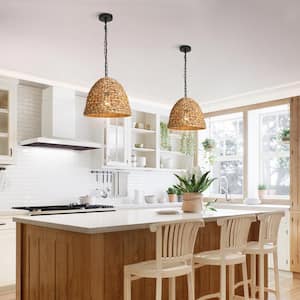 Farmhouse 15 in. 1-Light Brown and Black Pendant Light with Natural Handmade Rattan Shade Island Light for Dining Table