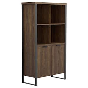 Pattinson 35.5 in. Tall Aged Walnut and Gunmetal Wood 2-Door Rectangle Bookcase