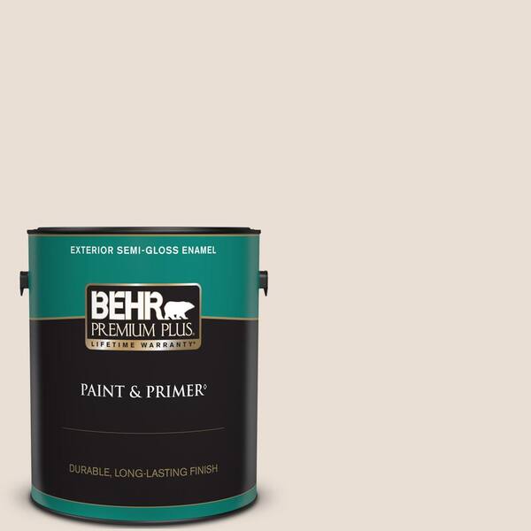 BEHR PREMIUM PLUS 1 gal. #N190-1 Smokey Cream Semi-Gloss Enamel Exterior Paint & Primer