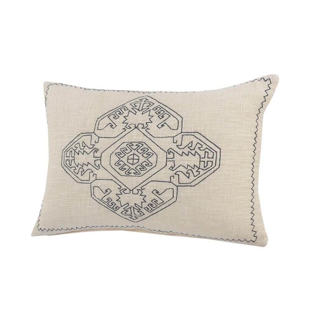 Off-White and Navy Blue Embroidered Rectangular Lumbar Pillow