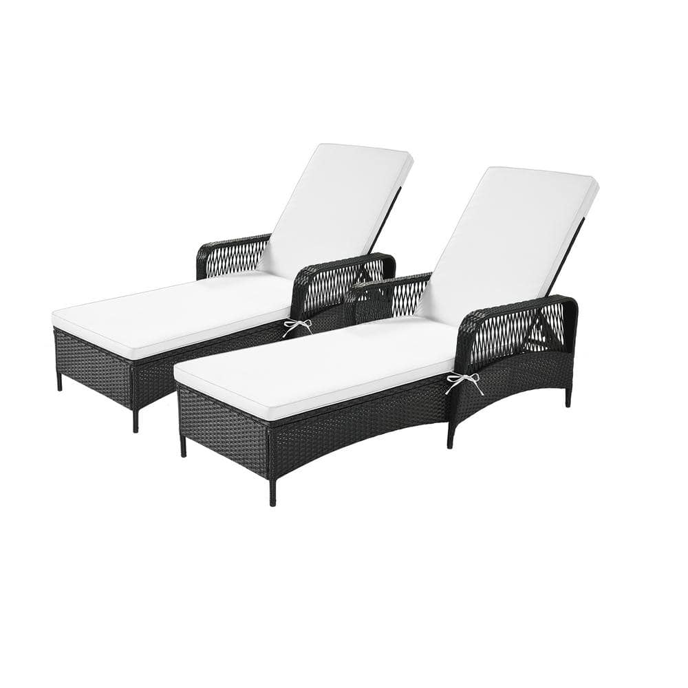 Black 2-Piece Steel Wicker Outdoor Chaise Lounge with Beige Cushion, Adjust