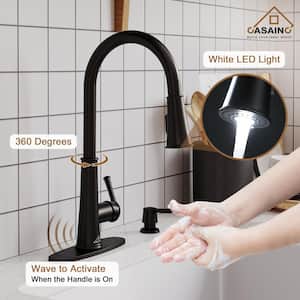 Single-Handle Pull Down Sprayer Kitchen Faucet with Touchless Sensor, LED, Soap Dispenser and Deckplate in Matte Black