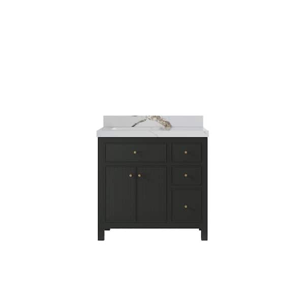 Willow Collections Sonoma 36 in. Left Sink Freestanding Black Top Bath Vanity with Calacatta Gold Qt. Top Unassembled